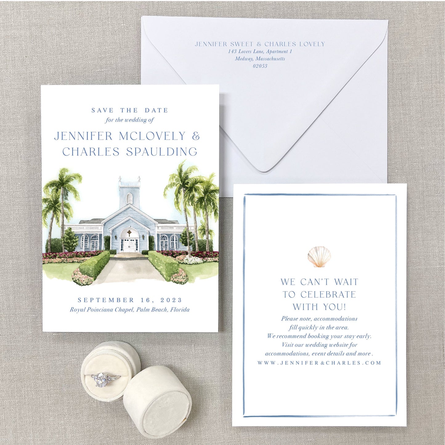 Royal Poinciana Chapel, Palm Beach, Florida, Watercolor Wedding Venue Save The Dates