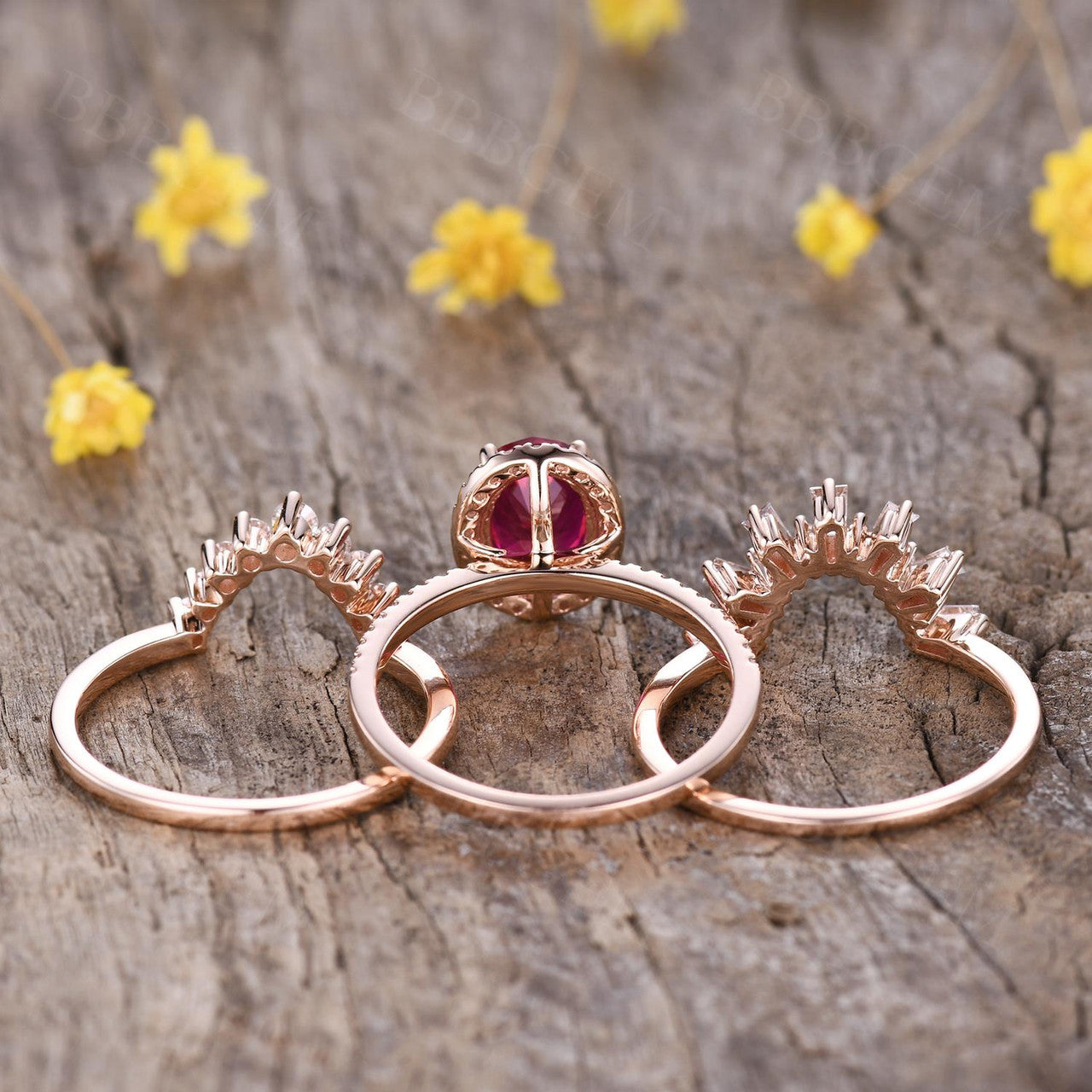 3 Pieces Red Ruby Ring Set for Women Vintage Oval Halo Ruby Cocktail Crown Ring 18k Rose Gold
