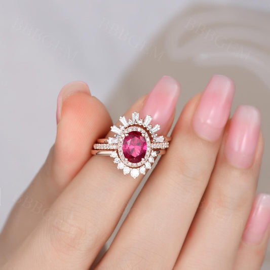 3 Pieces Red Ruby Ring Set for Women Vintage Oval Halo Ruby Cocktail Crown Ring 18k Rose Gold