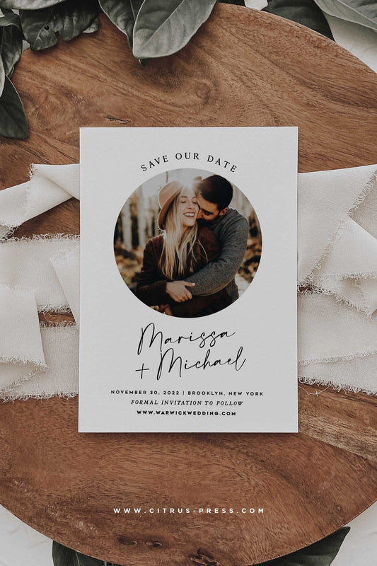 Minimal Circle Photo Wedding Invitation | Save The Date | Printable Diy Template