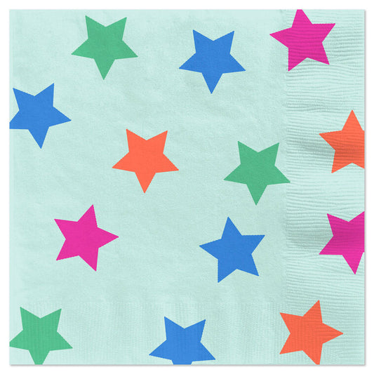 Colorful Stars on Aqua Dinner Napkins, Set of 16