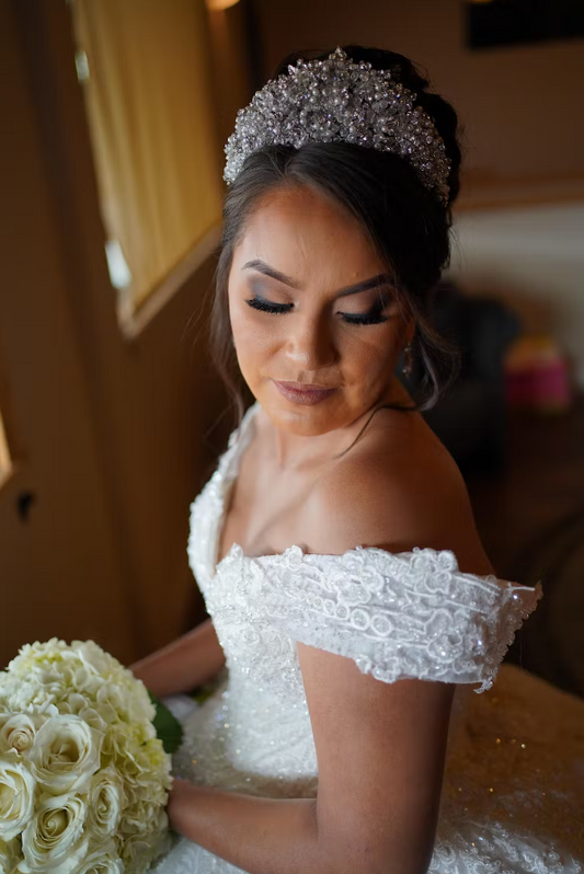 Ellee Real Bride Adorned With Ranier Wedding Crown, Swarovski & Pearls Tiara