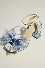 Toile Floral Print Platform Block Heels with Bow