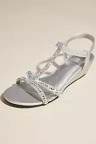 Rhinestone T-Strap Low Wedge Heels