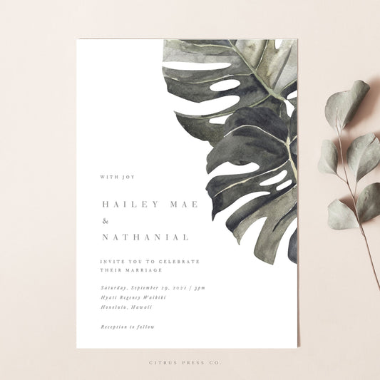 Retro Palm Leaf Tropical Wedding Invitation | Hailey