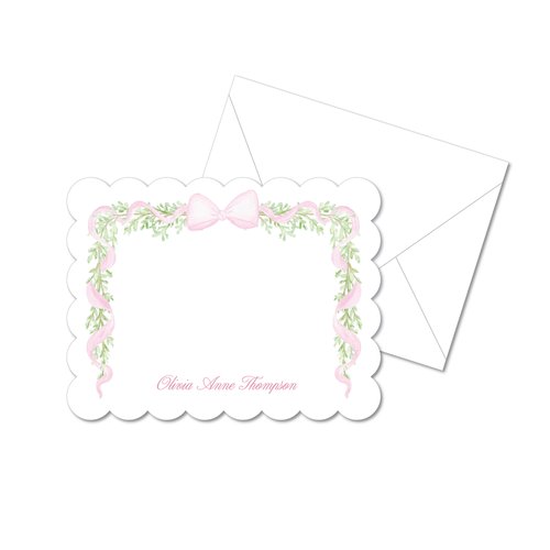 Pink Watercolor Bow Garland Scallop Stationery