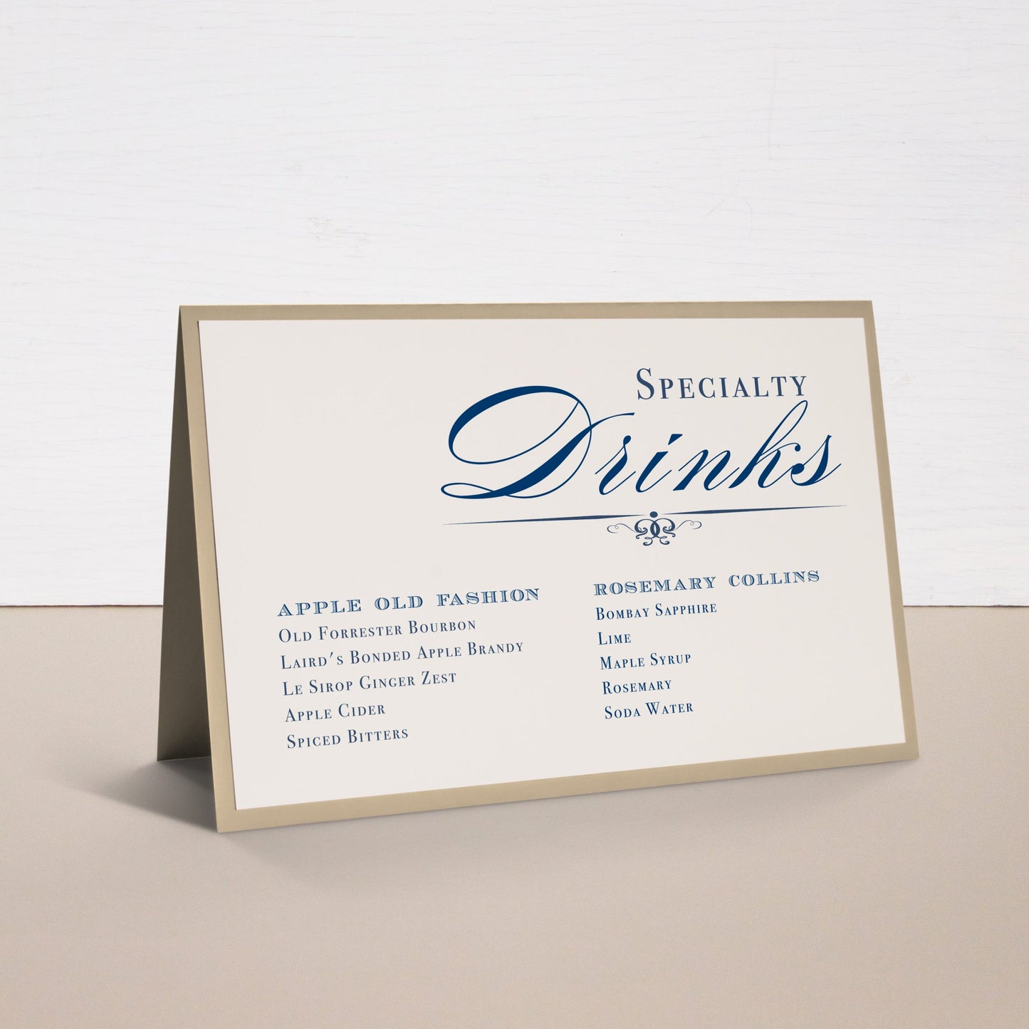 Elegant Navy Script Tented Menu Cards