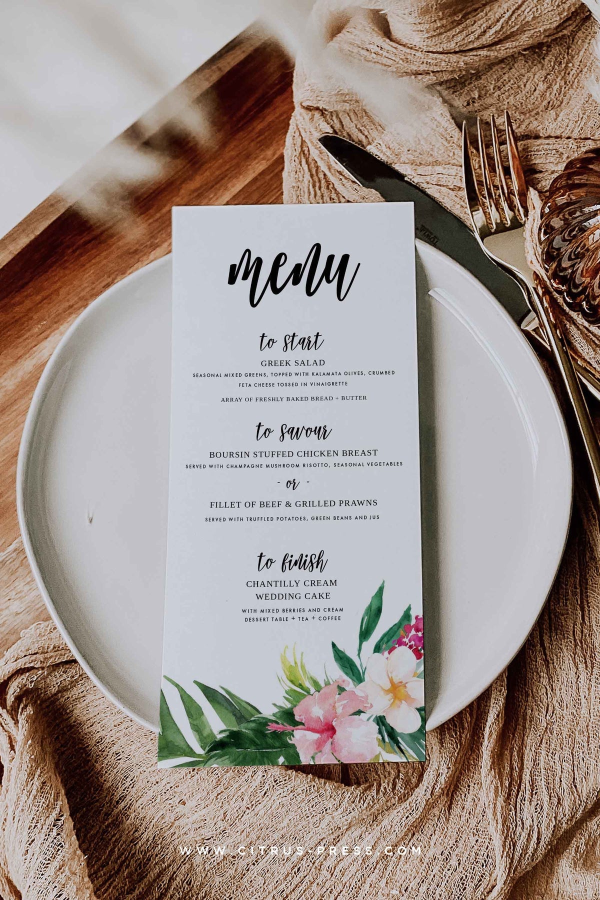 Tropical Floral Wedding Reception Menu Diy Printable Template