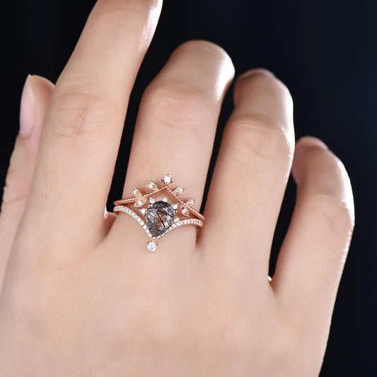 14K/18K Milgrain Filigree Pear Black Rutilated Quartz Diamond Engagement Rings Set Shaped Band