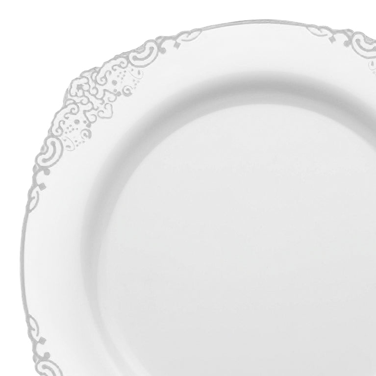 White with Silver Fancy Round Disposable Plastic Salad Plates (7.5€�)