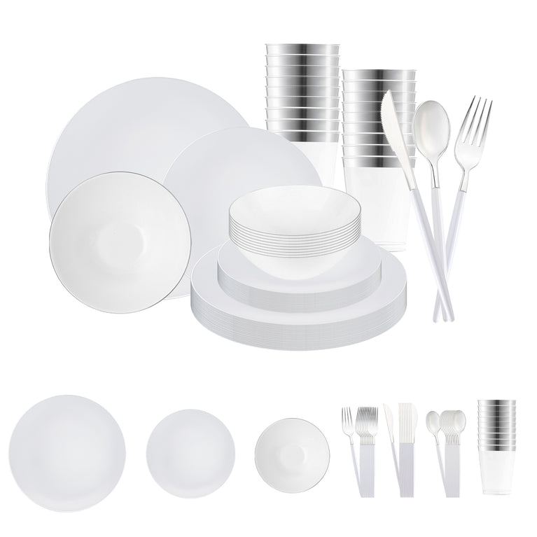White with Silver Organic Disposable Plastic Tableware Set