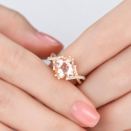 2.4 Carat Cushion Cut Morganite Engagement Ring Diamond Promise Ring 14k Rose Gold Split Shank Infinity Twisted Curved