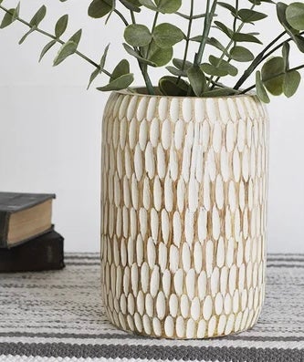 8" Carved Wood Wide Vase