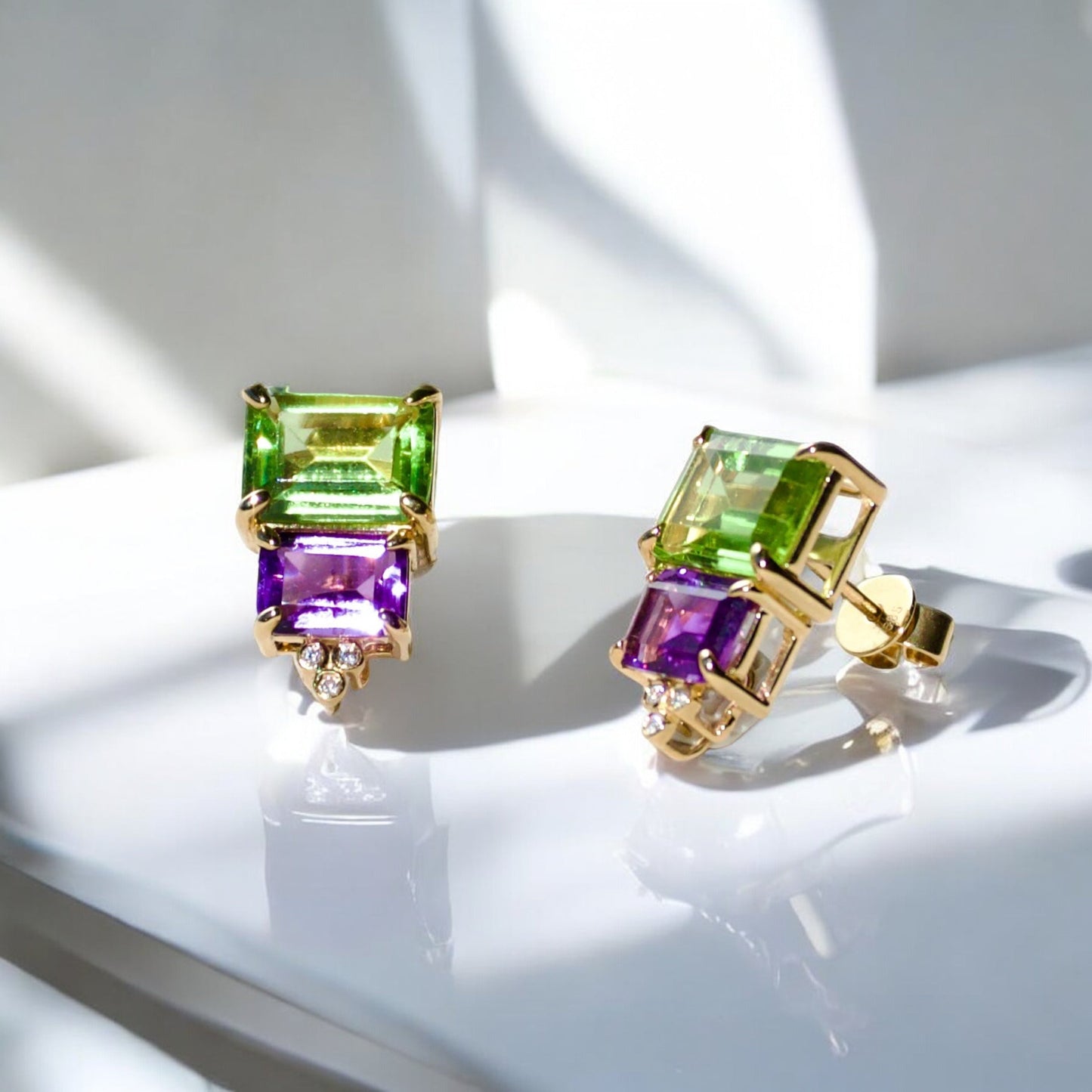 Emerald Cut Natural Peridot Amethyst Stud Earrings Diamond Yellow Gold Earrings