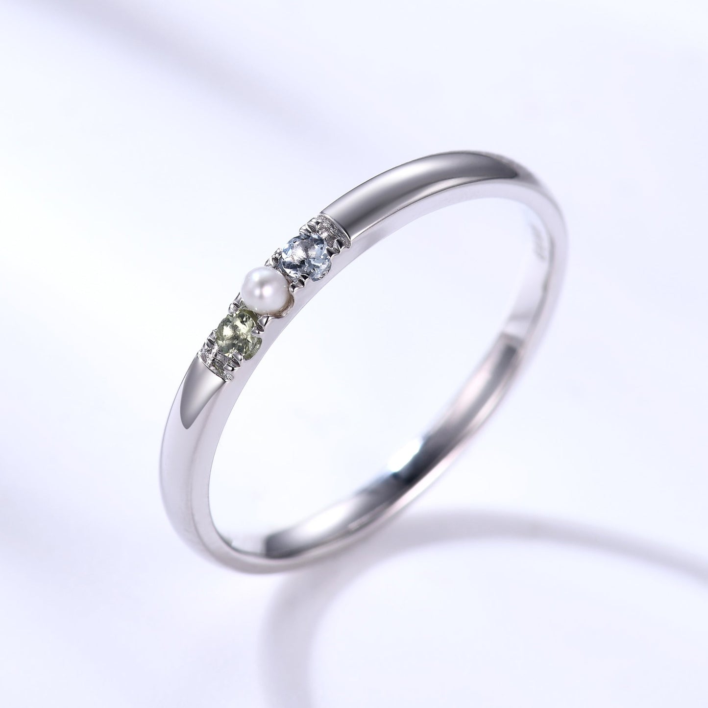 Family Birthstone Ring Aquamarine Pearl Peridot Ring 14k White Gold Gifts for Mother