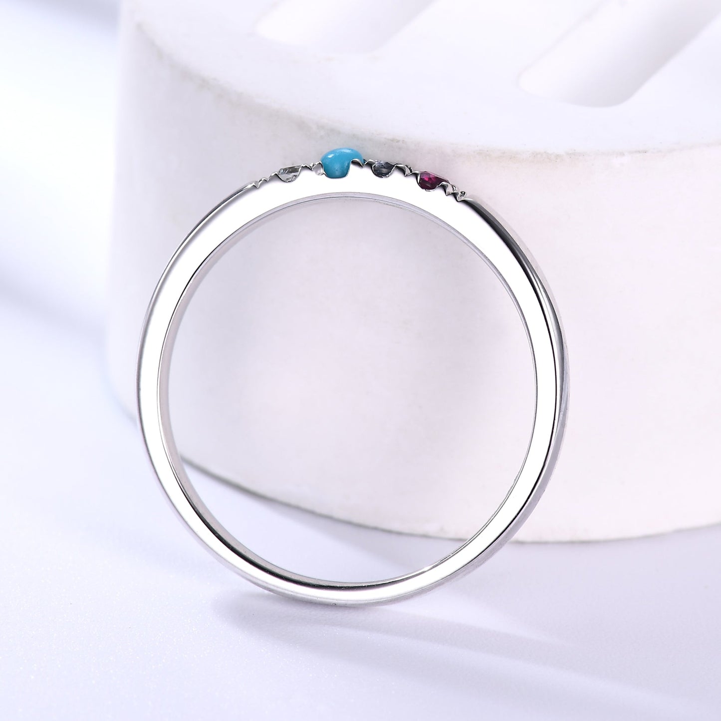 2mm Personalized Birthstone Gold Ring for Mother Ruby Alexandrite Turquoise Topaz 4-stone Dainty Band