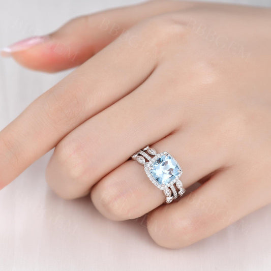 2.2 Carat Cushion Cut Aquamarine Bridal Set Diamond Wedding Ring 14k White Gold Full Eternity Art Deco Matching Band