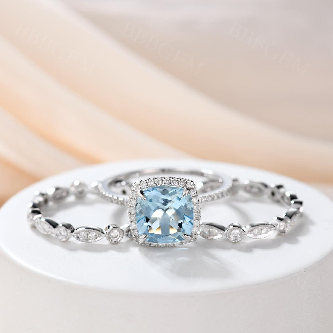 2.2 Carat Cushion Cut Aquamarine Bridal Set Diamond Wedding Ring 14k White Gold Full Eternity Art Deco Matching Band