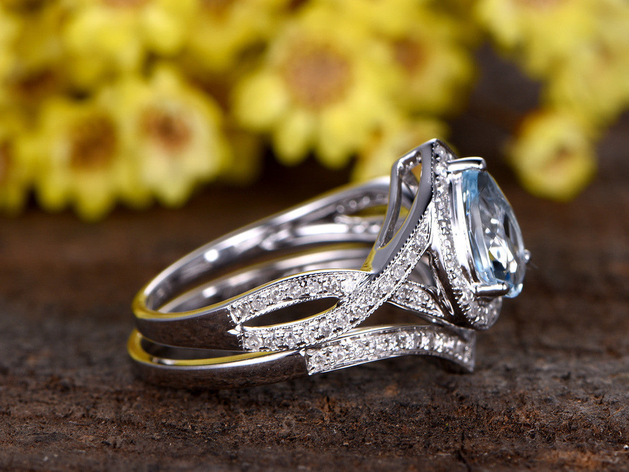 1.2 Carat Teardrop Aquamarine Bridal Set Diamond Wedding Ring 14k White Gold Split Shank Infinity Matching Band