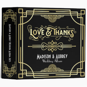 Art Deco Love & Thanks Gold Black Wedding Album 3 Ring Binder