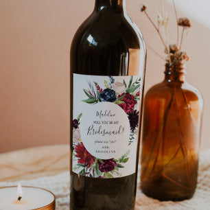 Autumn Garden Burgundy Bridesmaid Proposal Wine Label