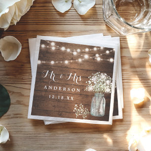Baby's Breath Floral Mason Jar Rustic Wood Wedding Napkins