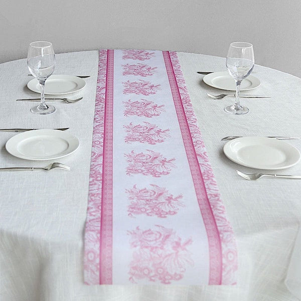 11x108 in White Pink Floral Pattern Non-Woven Table Runners with Ornate Borders