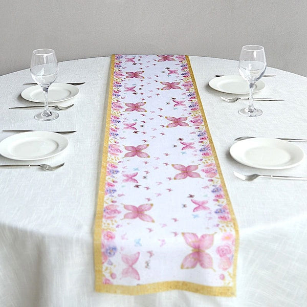 11x108 in White Pink Non-Woven Butterfly Floral Table Runners with Gold Edges