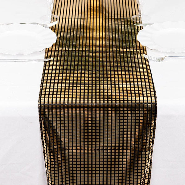 12x108 in Black Polyester Table Runner with Gold Mirror Foil