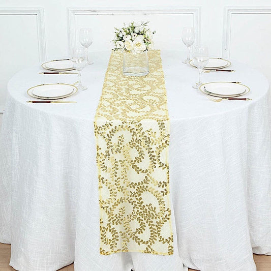 12x108 in Tulle with Embroidered Leaves Vines Sequins Table Runner