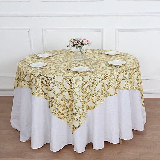 72x72 in Embroidered Leaves Sequined Tulle Square Table Overlay