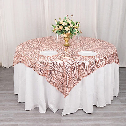 72x72 in Wavy Embroidered Sequined Tulle Square Table Overlay