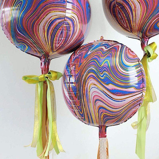 3 pcs 13 in wide Marble 4D Round Orbz Mylar Foil Balloons