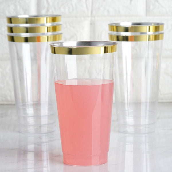 12 pcs 17 oz. Clear with Gold Rim Plastic Disposable Glasses