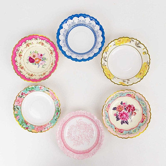 24 Assorted Vintage Floral Dessert Salad Paper Bowls with Scalloped Edge
