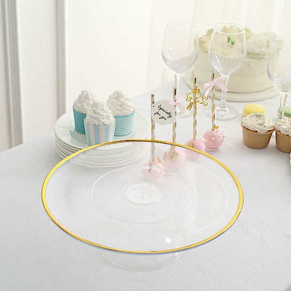 2 Clear 12 in Round Plastic Cake Stand Dessert Pedestal with Gold Trim
