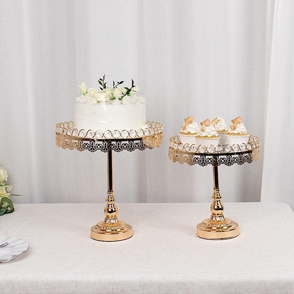 2 Gold Crystal Beaded Metal Pedestal Cake Stands with Mirror Top