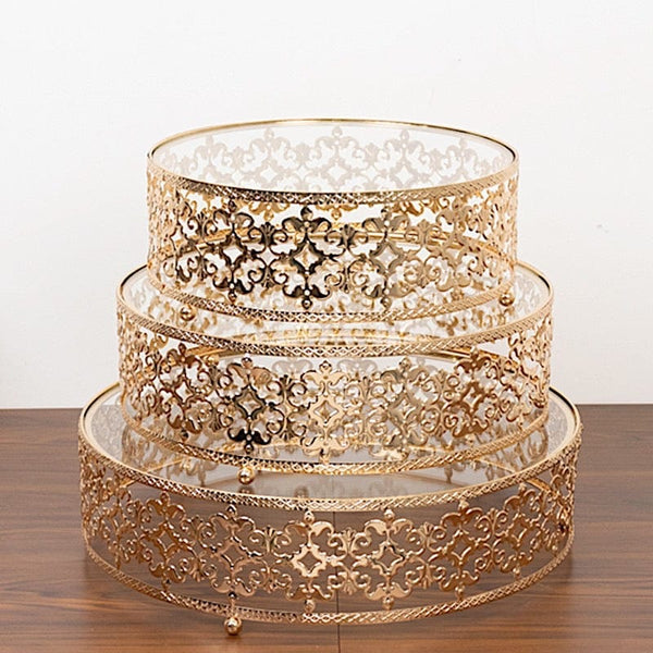 3 Gold Baroque Ornate Design Metal Cake Stands with Glass Top