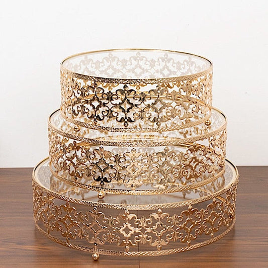 3 Gold Baroque Ornate Design Metal Cake Stands with Glass Top