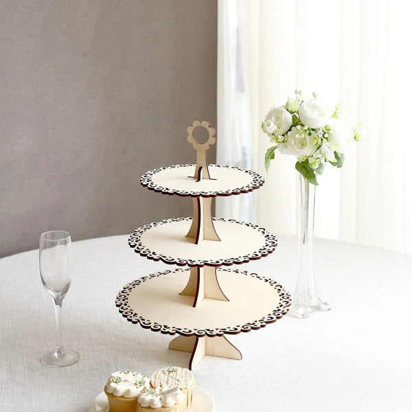 16" Natural 3 Tier Wooden Cupcake Dessert Display Stand with Floral Edge