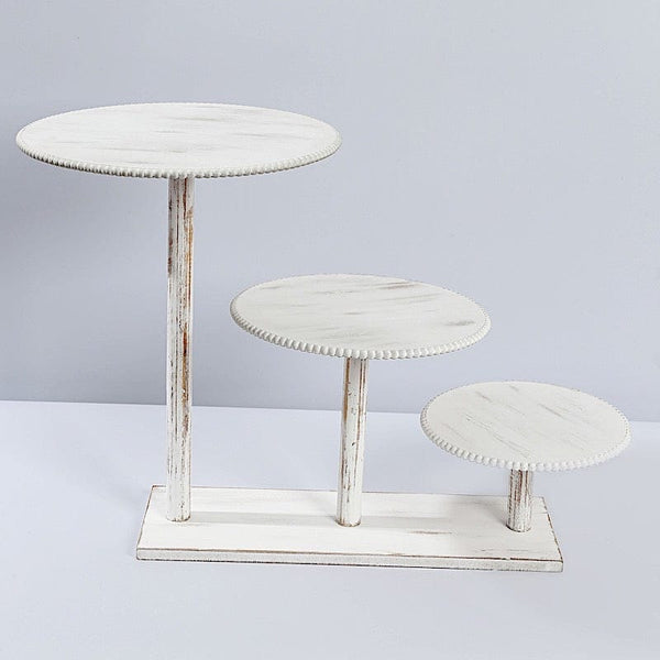 3-Tier Whitewash Wooden Cake Stand with Round Beaded Rim Trays