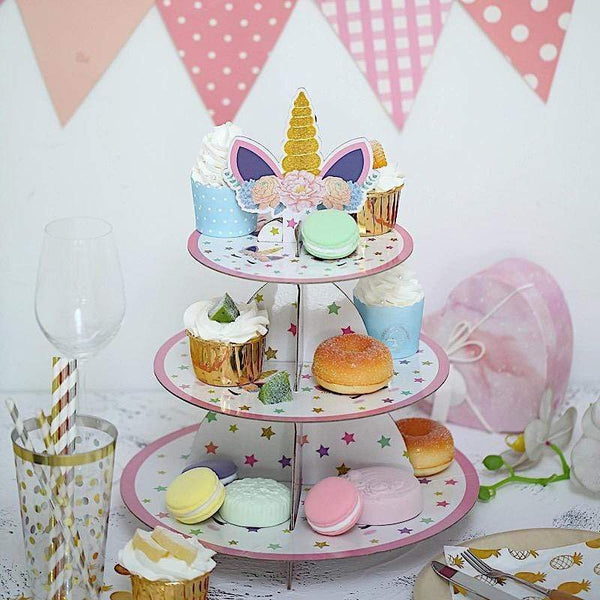 15 in tall 3 Tier Assorted Centerpiece Cake Cupcake Stand Set with Unicorn Top