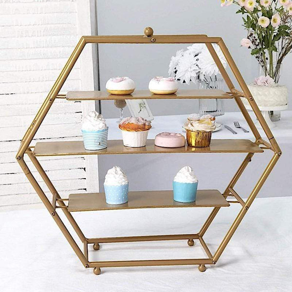 21 in tall Gold 3 Tier Metal Hexagonal Cupcake Holder Dessert Display Stand