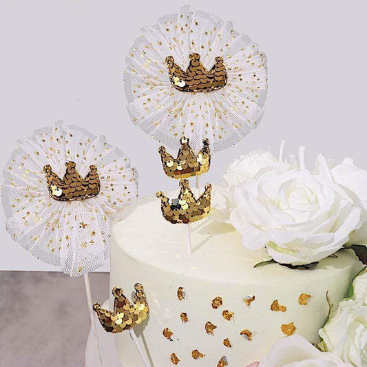 9 Gold and White Mini Sequin Crown Cake Topper Decoration Set