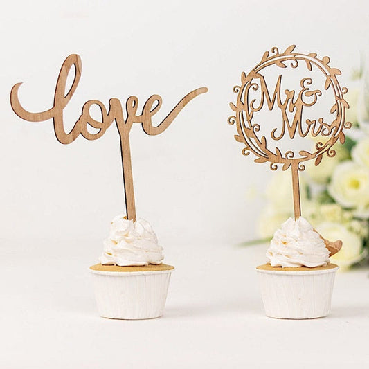 2 Natural Wooden Love and Mr & Mrs Wedding Cake Toppers