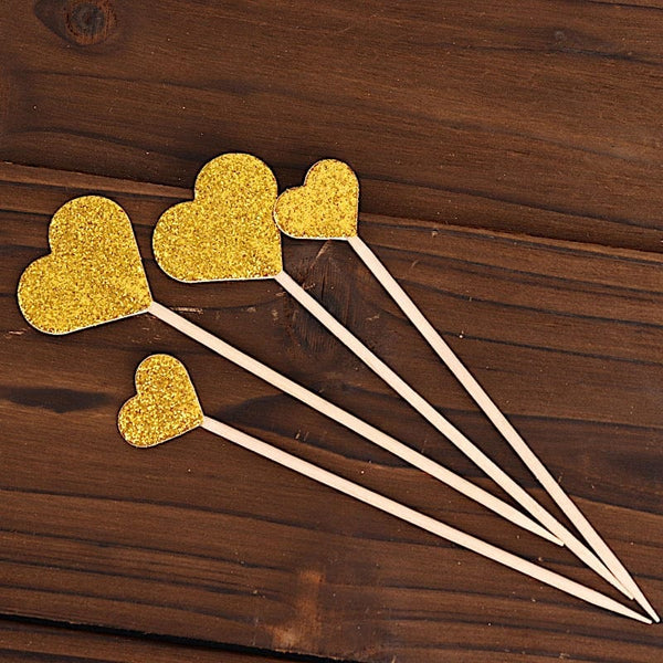 24 Gold Glittered Heart Cake and Cupcake Toppers Picks