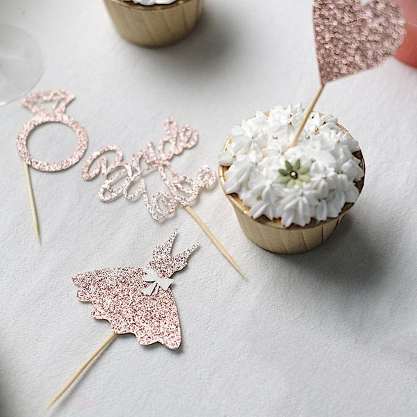 24 Rose Gold Glittered Bridal Shower Cake and Cupcake Toppers Set