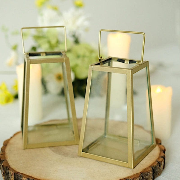 2 Gold with Clear 6 in Glass Geometric Metal Lantern Candle Holders