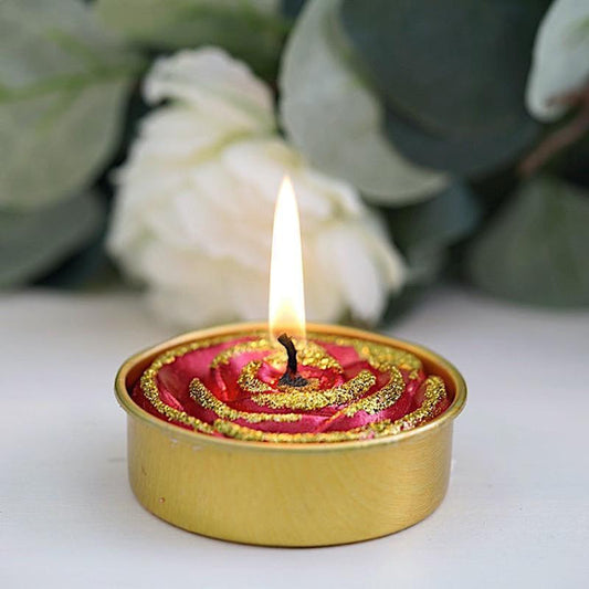 2 Red with Gold Glitter Wedding Unscented Rose Tealight Candles