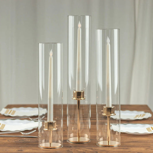 3 Clear Glass Pillar Hurricane Candle Shades